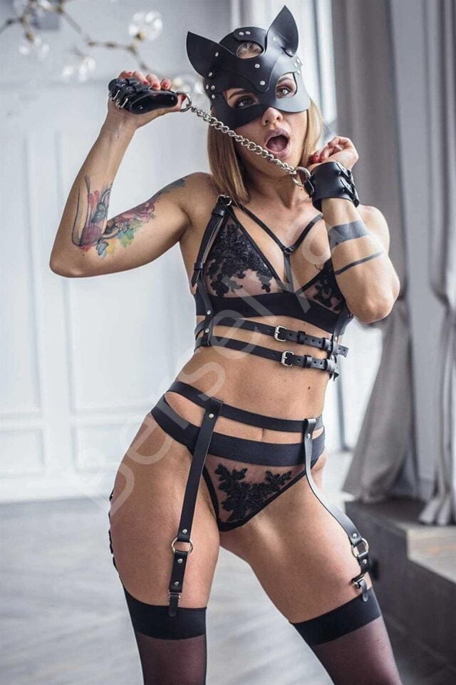 Kedi Maskeli Deri Harness Jartiyer Takımı 25x