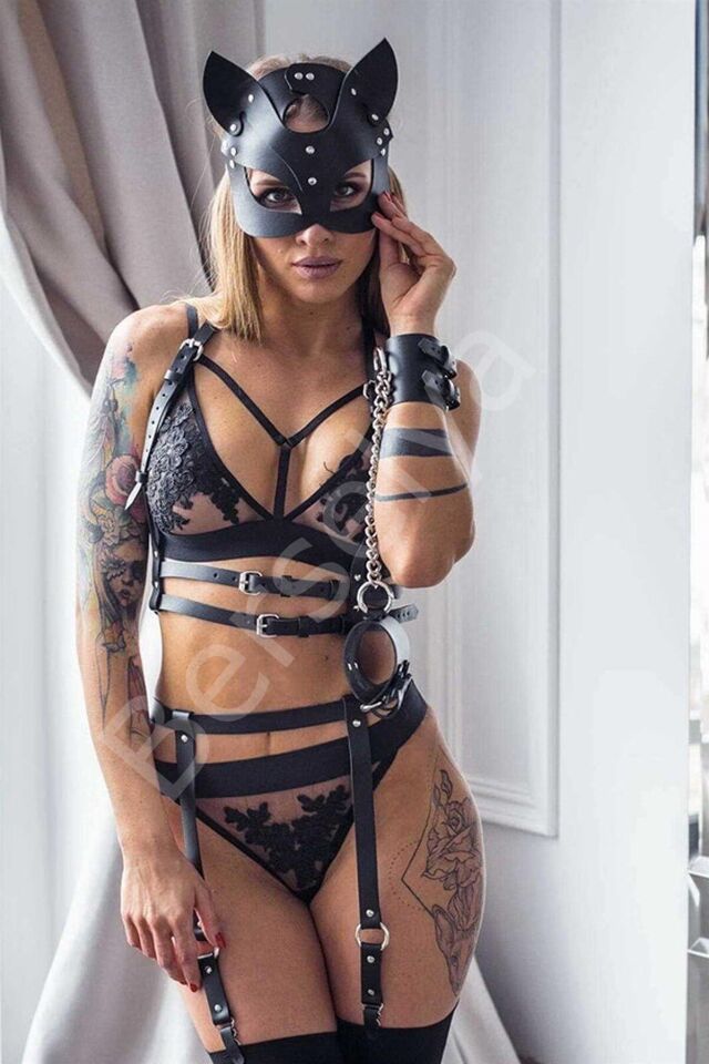 Kedi Maskeli Deri Harness Jartiyer Takımı 25x