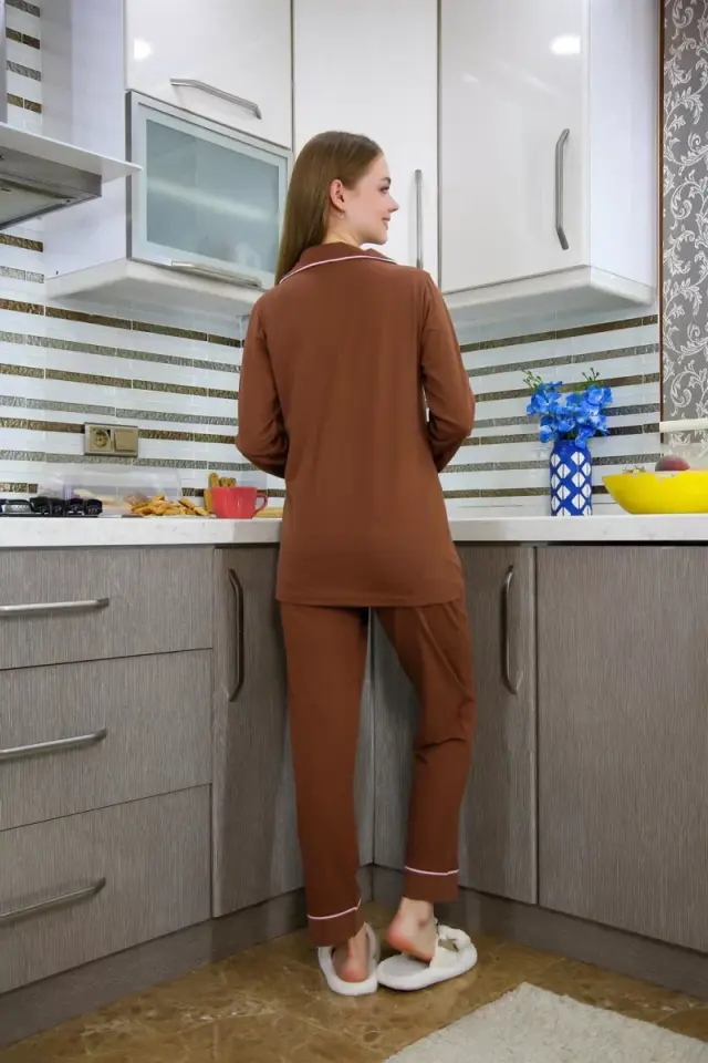 Kadın Penye Uzun Kol Pijama Takım Kahve