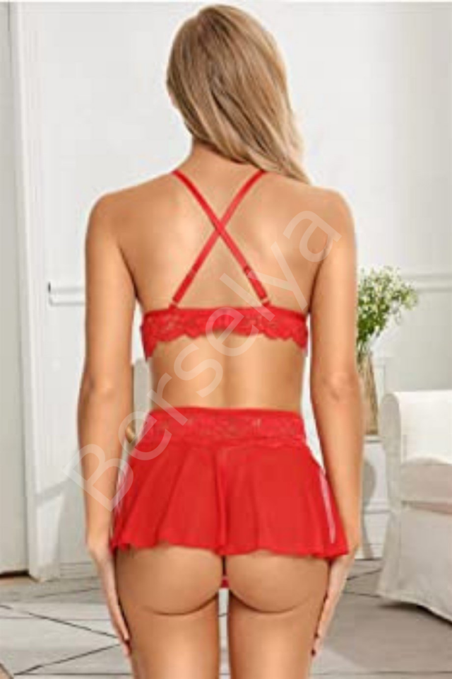 Özel Bölgesi Açık kırmızı Etekli Bralet Sütyen Takım 16016