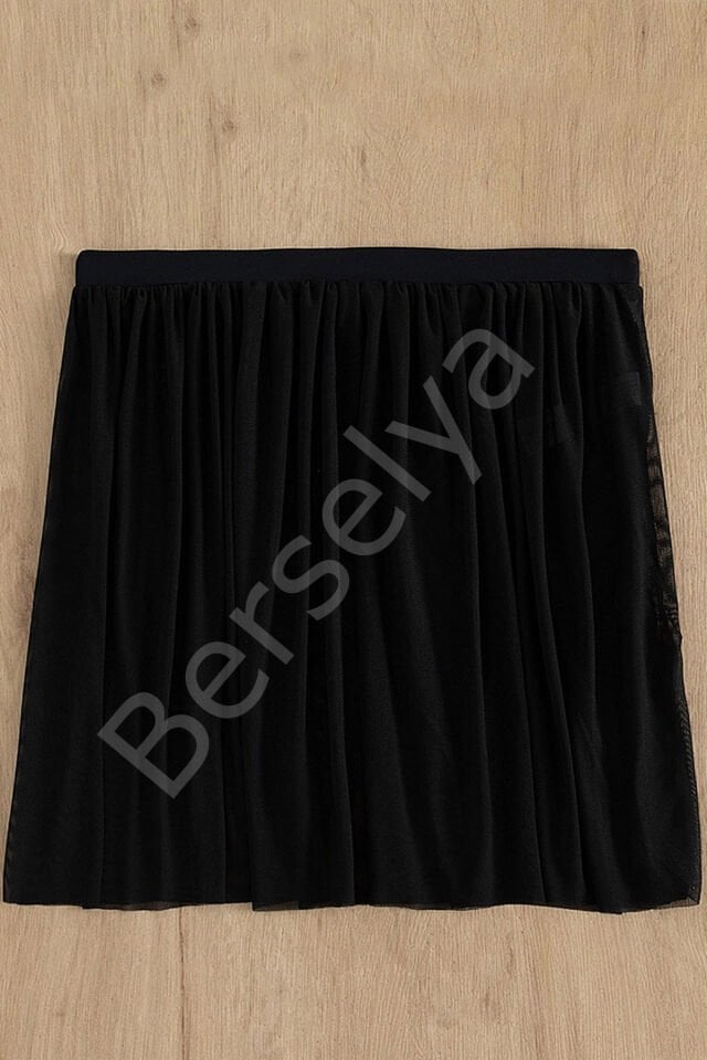 Kadın Siyah Tül Beli Lastikli Etek Görünümlü Pareo