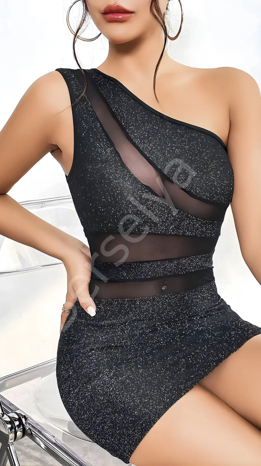 Luna Lora Black Starlight Özel Tasarım Tek Omuz Dekolteli Işıltılı Fantezi Mini Club Elbisesi