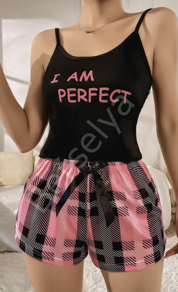 Kadın Siyah Kare Desenli Askılı Şortlu Pijama Takım 6652