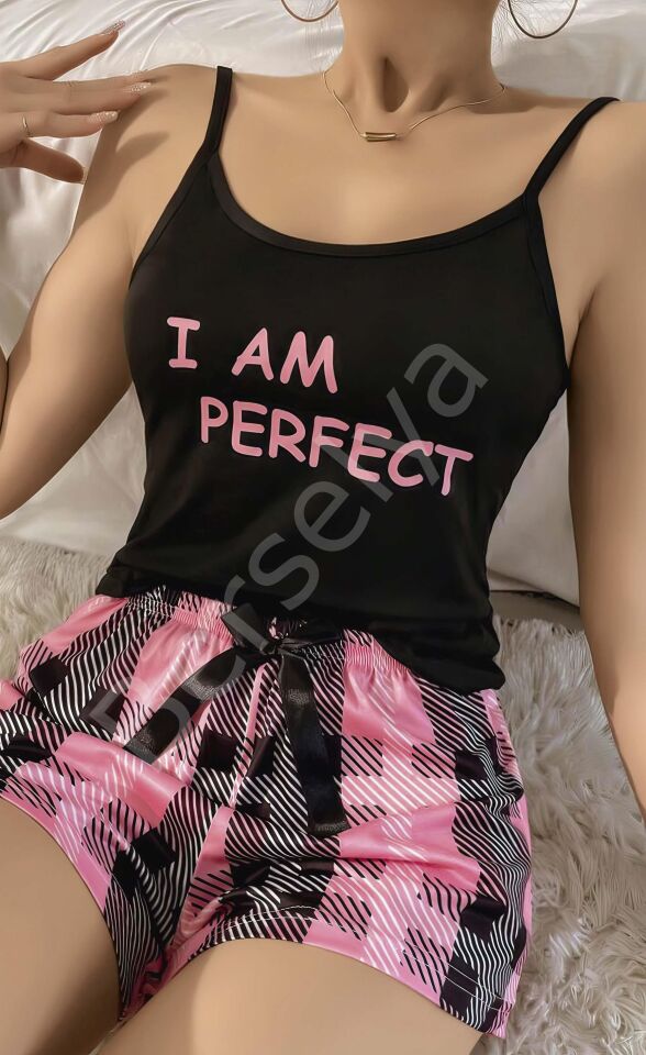 Kadın Siyah Kare Desenli Askılı Şortlu Pijama Takım 6652