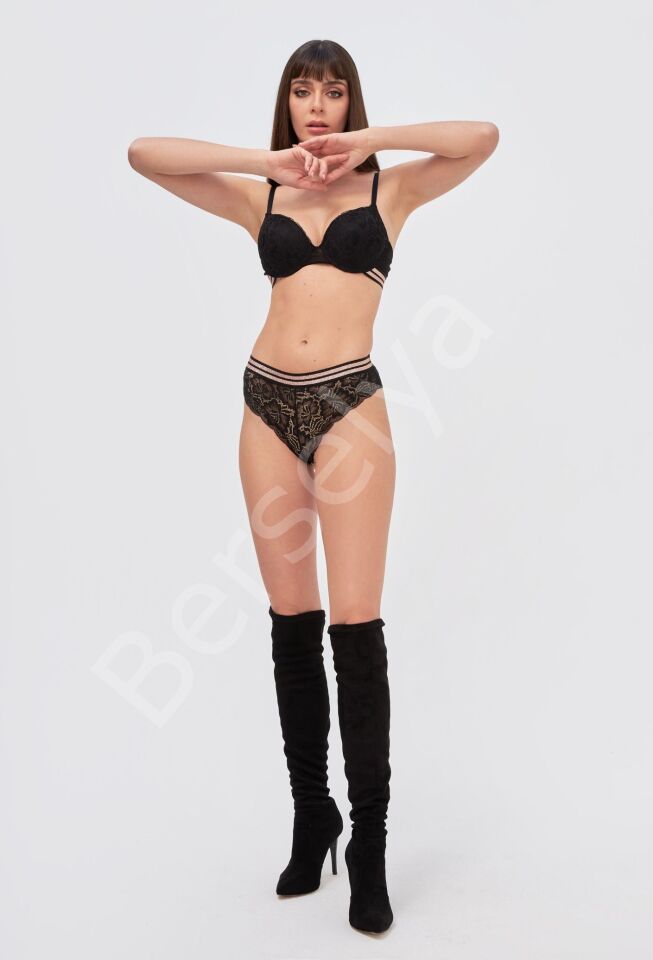 Siyah Simli Hafif Destekli Sütyen Hipster Takım 4791