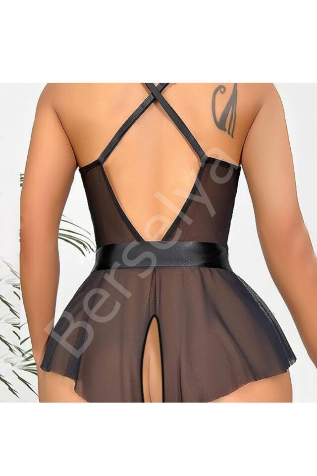  siyah Özel Bölgesi Açık Kuşaklı Gecelik 15037