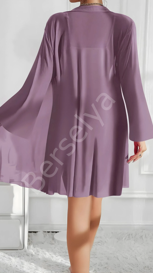 Luna Lora Amethyst Ruffle Özel Tasarım Dantel İşlemeli Fırfırlı Sabahlıklı 2’li Mor Gecelik Takımı