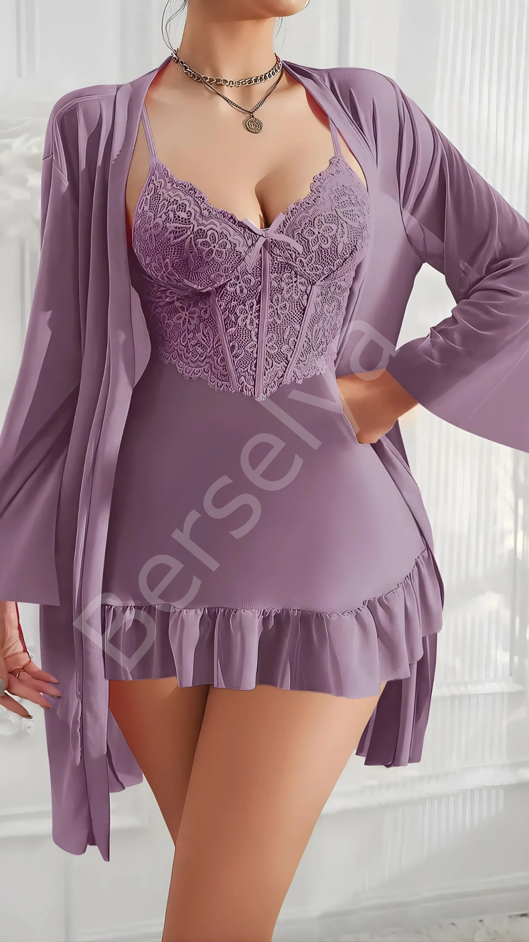 Luna Lora Amethyst Ruffle Özel Tasarım Dantel İşlemeli Fırfırlı Sabahlıklı 2’li Mor Gecelik Takımı