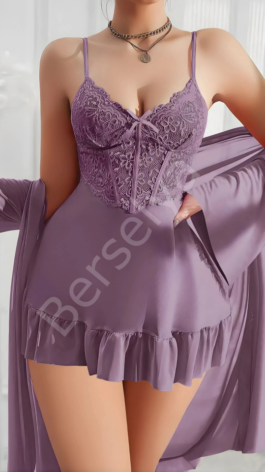Luna Lora Amethyst Ruffle Özel Tasarım Dantel İşlemeli Fırfırlı Sabahlıklı 2’li Mor Gecelik Takımı