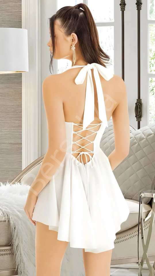 Luna Lora White Ruffle Mirage Özel Tasarım Sırt Dekolteli Şık Fırfırlı Beyaz Fantezi Mini Club Elbisesi