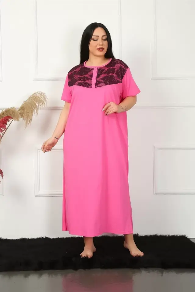 Büyük Beden Dantelli Kısa Kol Fuşya Anne Gecelik