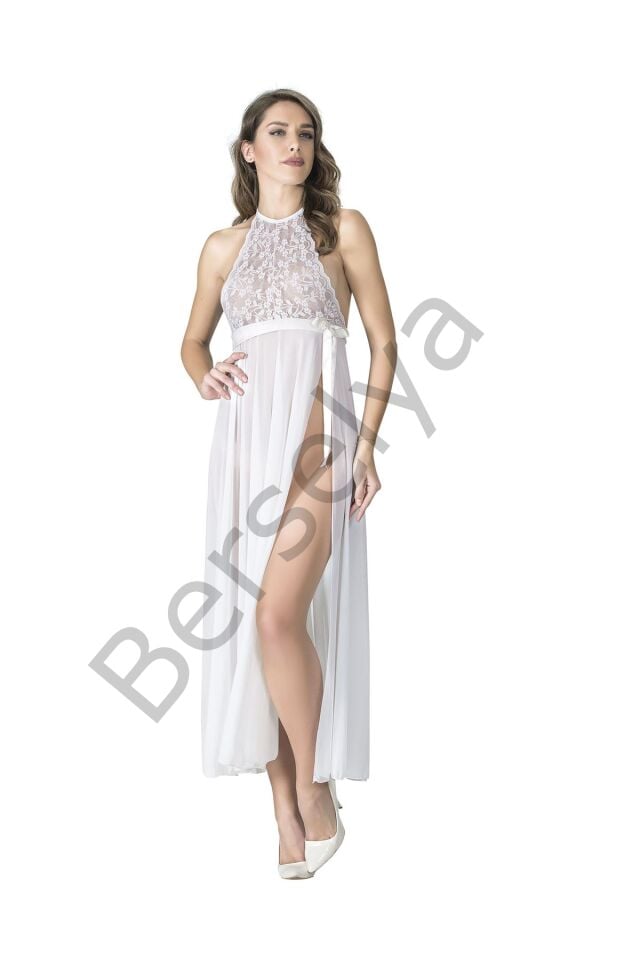 Beyaz Dantelli Tül Gecelik - M076