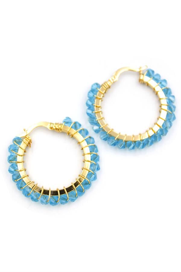 Kristal Boncuk Halka Küpe - Turkuaz