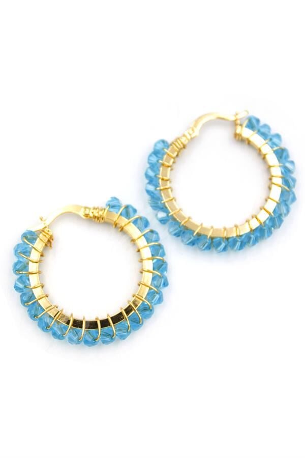 Kristal Boncuk Halka Küpe - Turkuaz