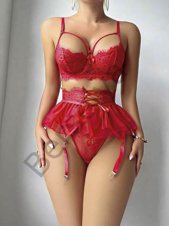 Kırmızı Etek Tül Fantezi Jartiyer Takım 2079