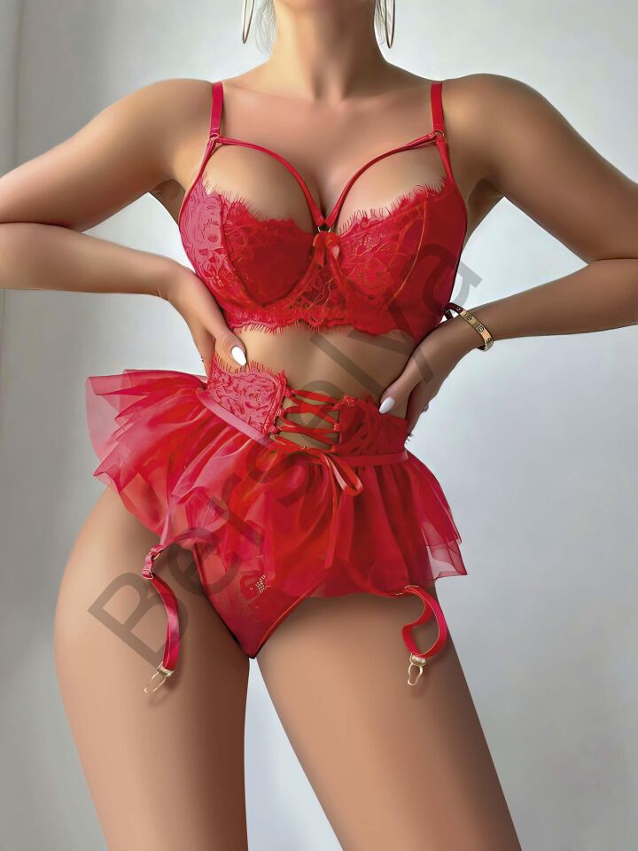 Kırmızı Etek Tül Fantezi Jartiyer Takım 2079