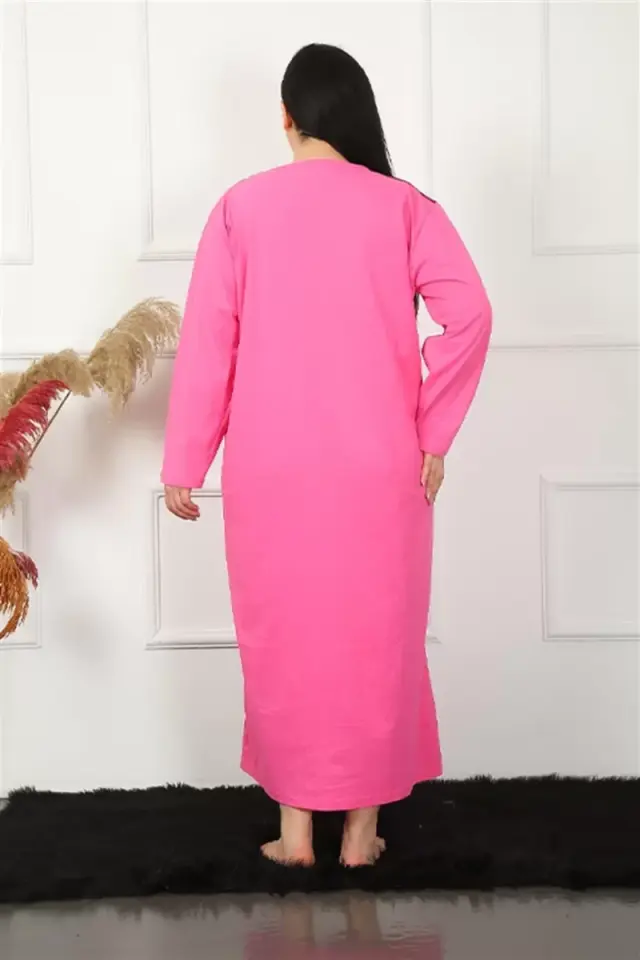 Büyük Beden Uzun Kol Dantelli Fuşya Anne Gecelik