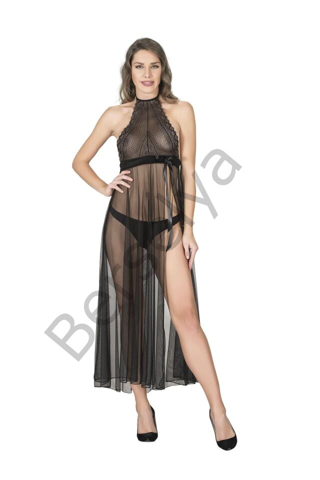 Siyah Dantelli Tül Gecelik - M075