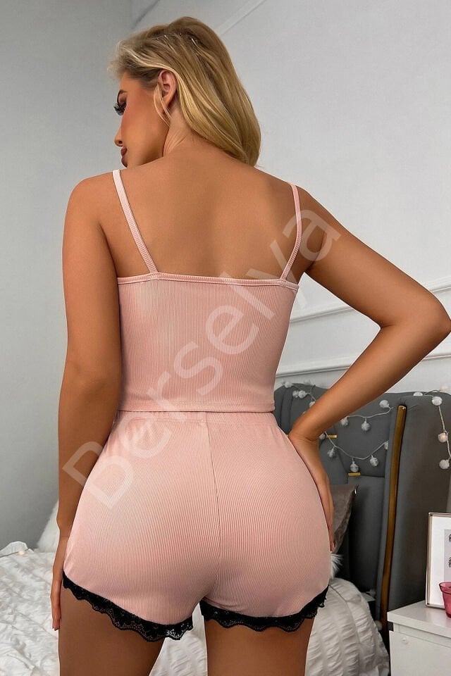 Kadın Pembe Alt Ve Üst Dantel Detaylı Şortlu Gecelik Takımı