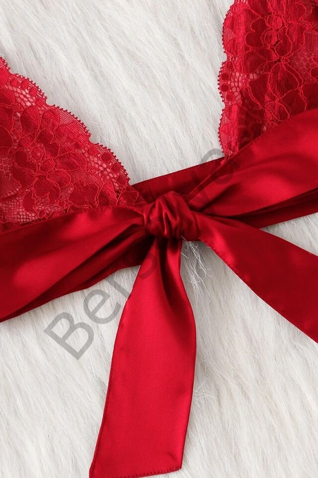 Kadın Kırmızı Dantelli & Kurdelalı Sütyen Külot Takımı