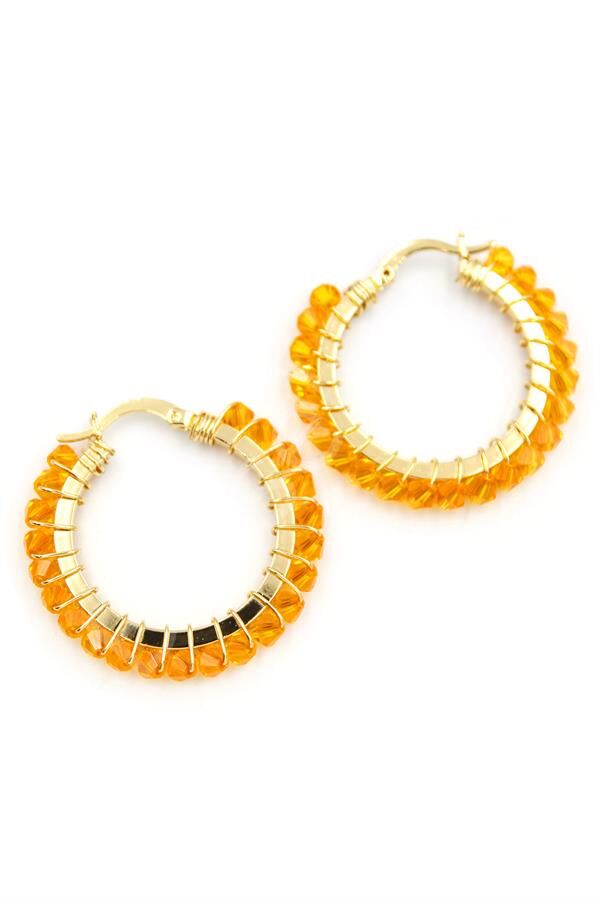 Kristal Boncuk Halka Küpe - Turuncu