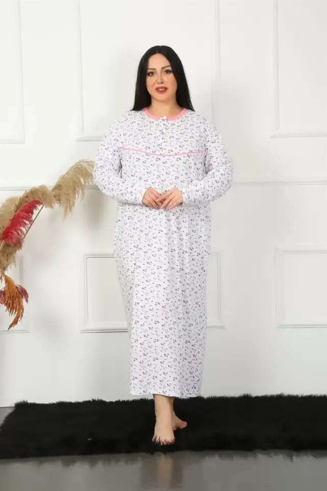 Büyük Beden Uzun Kol Beyaz Anne Gecelik