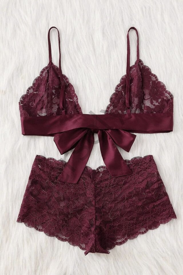 Kadın Bordo Dantelli & Kurdelalı Sütyen Külot Takımı