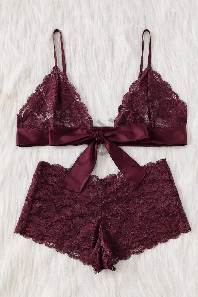 Kadın Bordo Dantelli & Kurdelalı Sütyen Külot Takımı