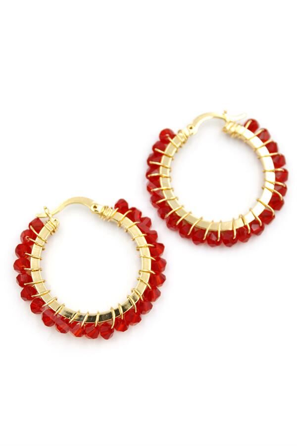 Kristal Boncuk Halka Küpe - Kırmızı