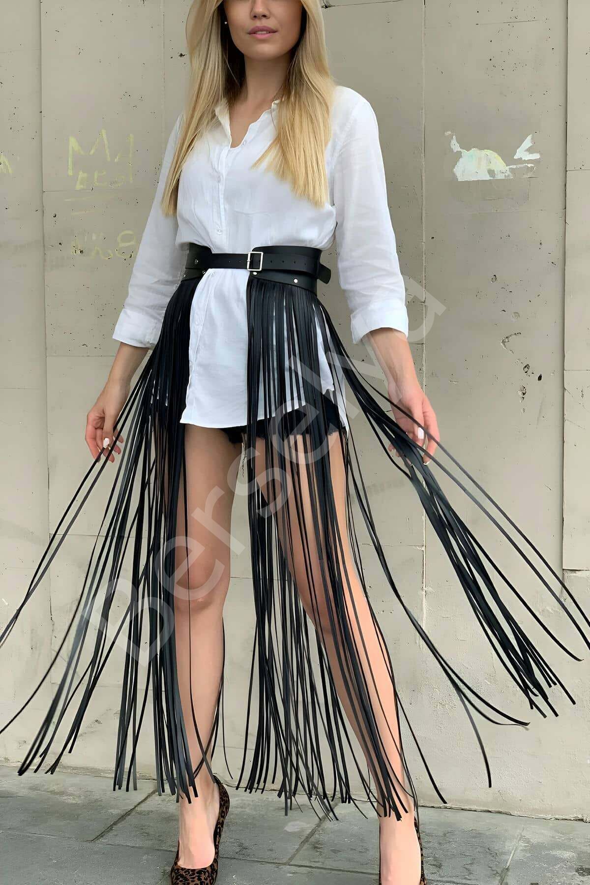 Yüksek Bel Şık Deri Püsküllü Seksi Etek - Brf1003