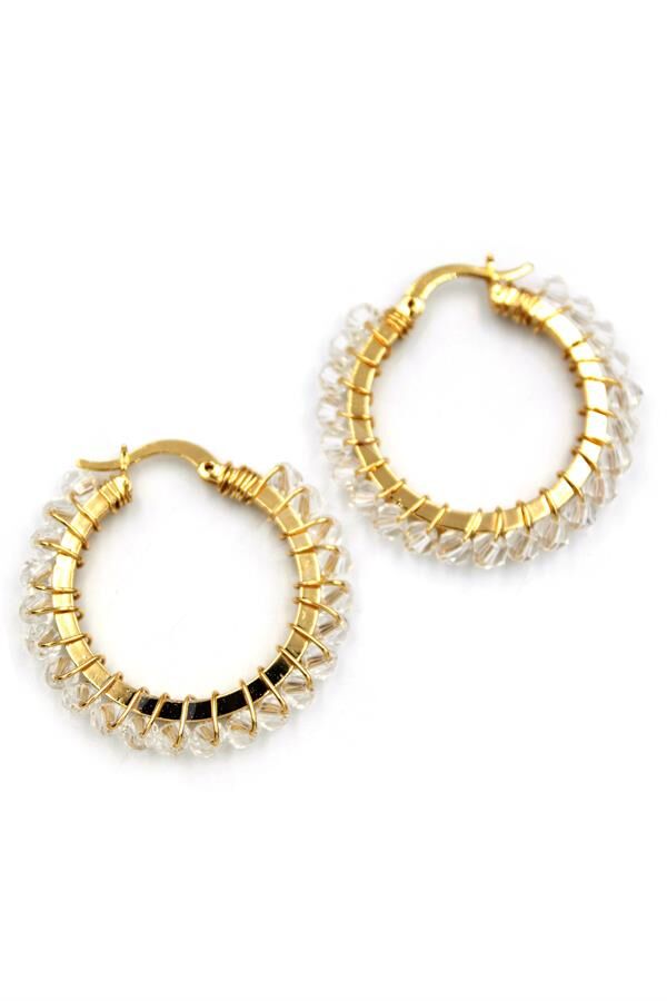 Kristal Boncuk Halka Küpe - Beyaz