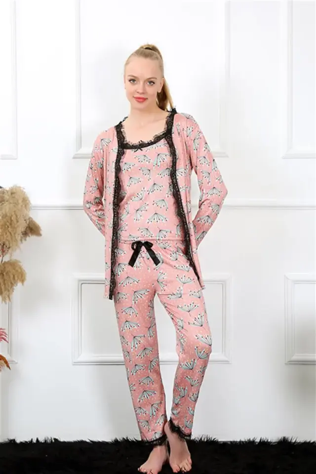 Kadın 3'lü Somon Sabahlık Pijama Takım