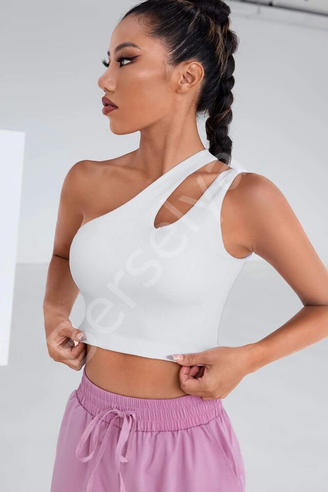 Kadın Beyaz Tek Omuz Cut Out Detaylı Crop Top Bluz