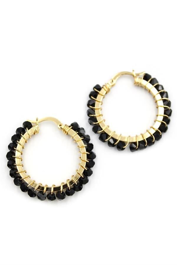 Kristal Boncuk Halka Küpe - Siyah