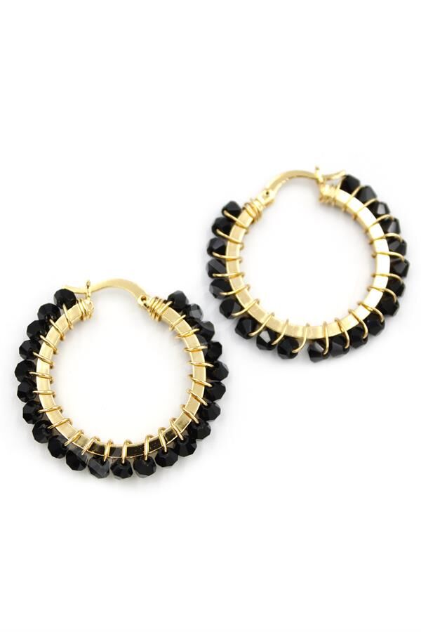 Kristal Boncuk Halka Küpe - Siyah