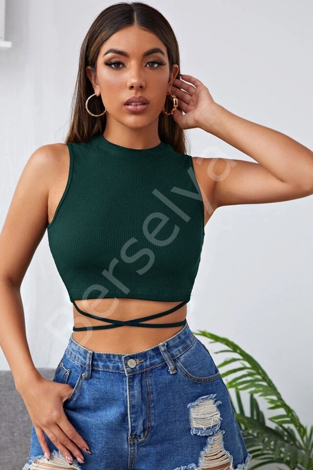 Kadın Yeşil Çapraz Bağlamalı Crop Top Büstiyer