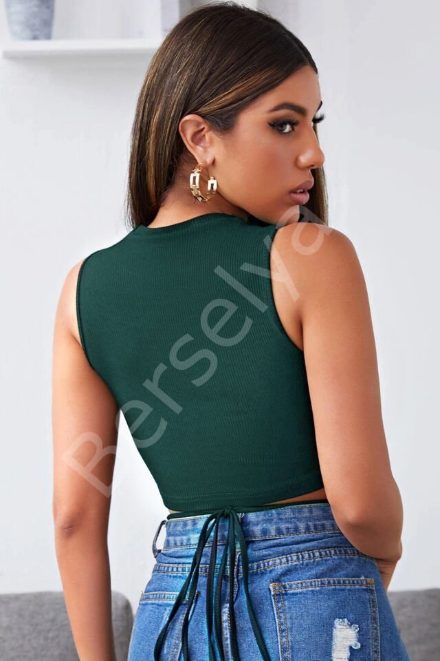 Kadın Yeşil Çapraz Bağlamalı Crop Top Büstiyer