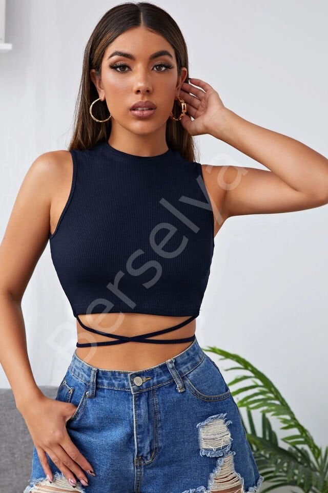 Kadın Lacivert Çapraz Bağlamalı Crop Top Büstiyer