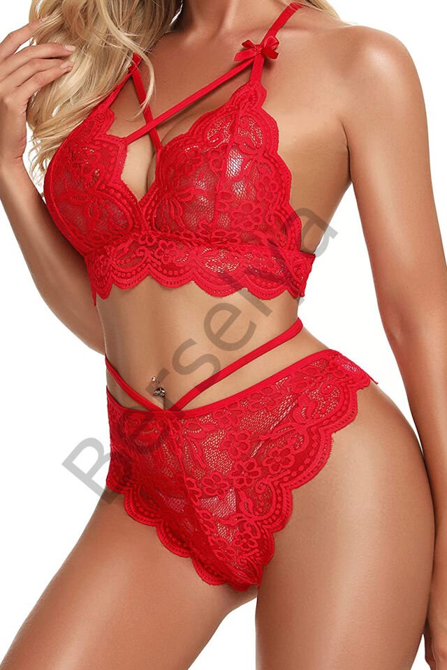 Kırmızı Çapraz Ip Detaylı Şık Sütyen Külot Takım