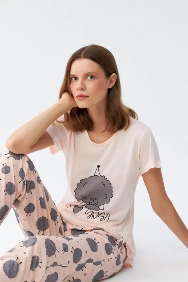 Kadın Kısa Kol Pijama Takım Pudra