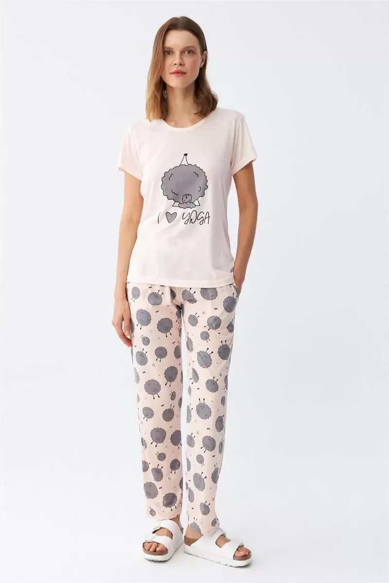 Kadın Kısa Kol Pijama Takım Pudra