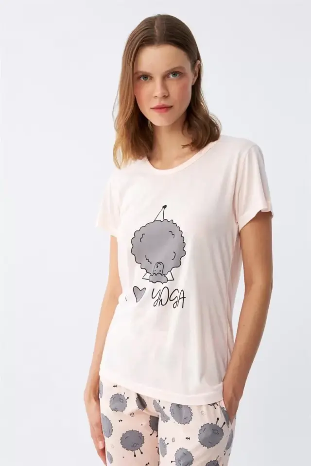 Kadın Kısa Kol Pijama Takım Pudra