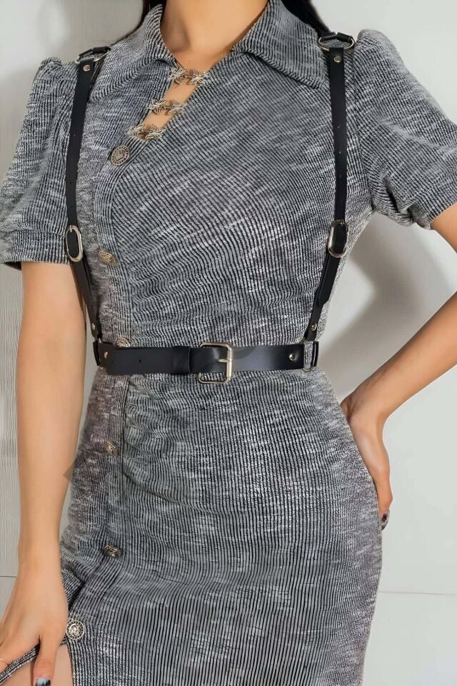 Seksi Deri Arkası Üçgen Detaylı Giysi Üzeri Bel Kemeri Harness - Brf1181