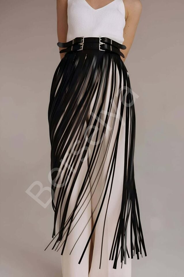 Püsküllü Deri Etek, Bel Üzeri Şık Püsküllü Deri Etek - Brf1090