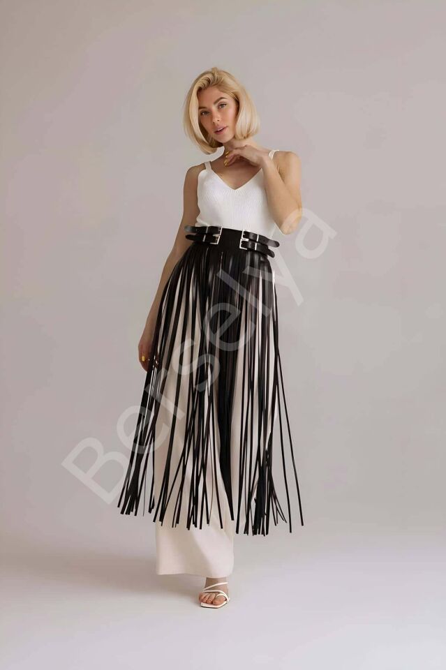 Püsküllü Deri Etek, Bel Üzeri Şık Püsküllü Deri Etek - Brf1090