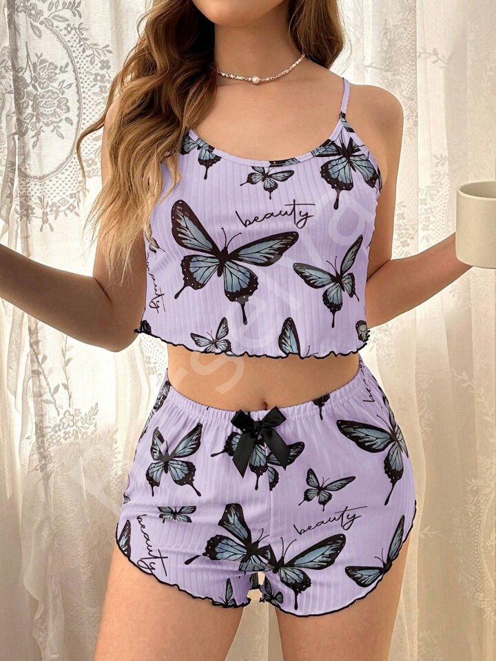 Mor Renk Kelebek Desenli Şortlu Ev Giyim Takımı,kadın Yazlık Askılı Pijama, Rahat Ve Şık Ev Giyim
