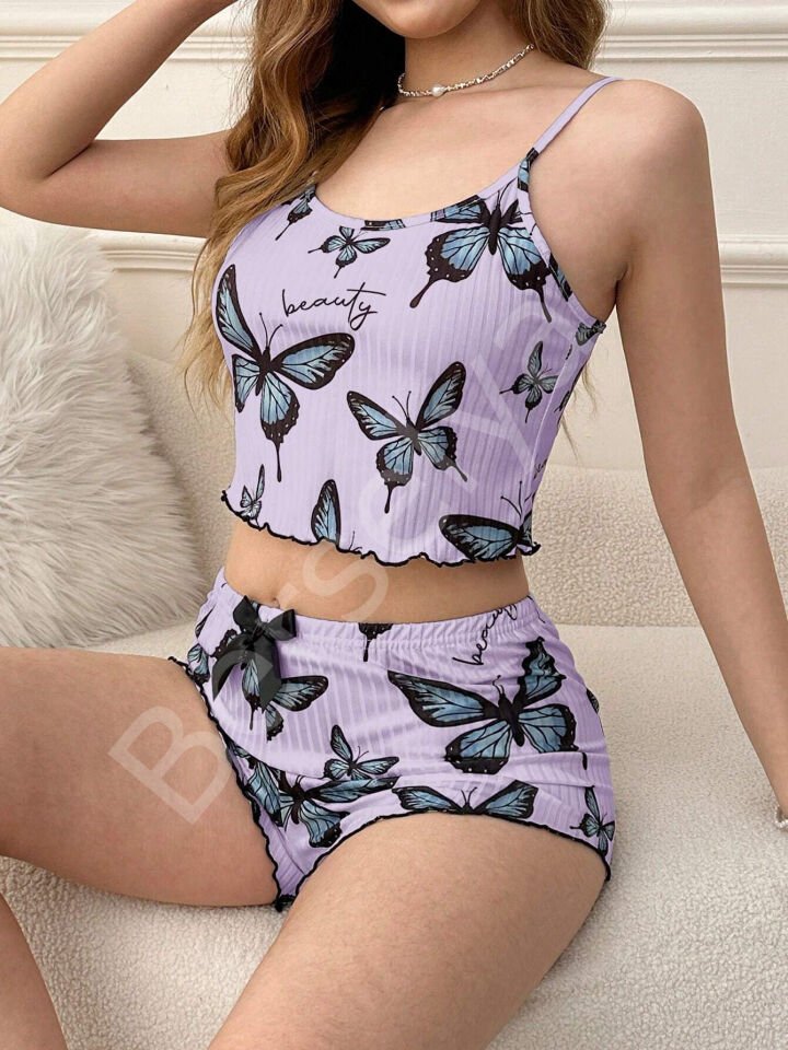 Mor Renk Kelebek Desenli Şortlu Ev Giyim Takımı,kadın Yazlık Askılı Pijama, Rahat Ve Şık Ev Giyim