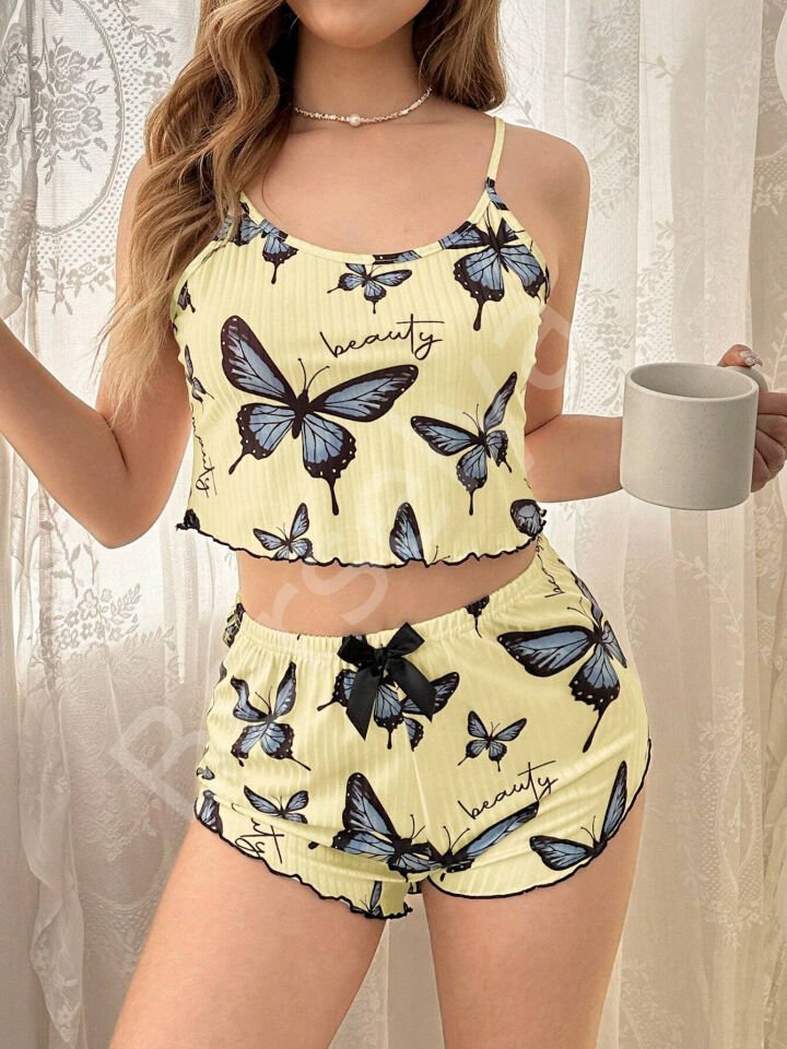 Kadın Sarı Kelebek Desenli Askılı Şortlu Ribana Pijama Takımı,rahat Ve Şık Ev Giyim,kadın Pijama