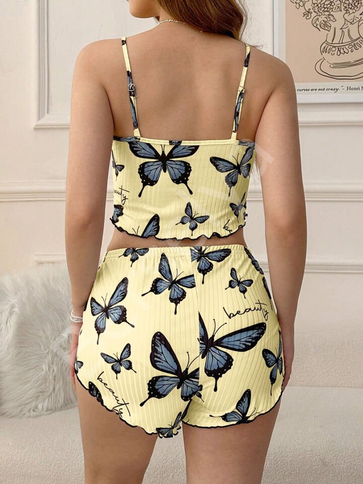 Kadın Sarı Kelebek Desenli Askılı Şortlu Ribana Pijama Takımı,rahat Ve Şık Ev Giyim,kadın Pijama