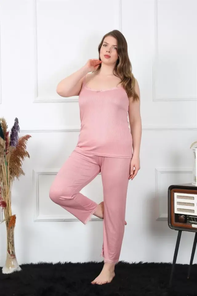 Kadın Büyük Beden Pudra İp Askılı Pijama Takım